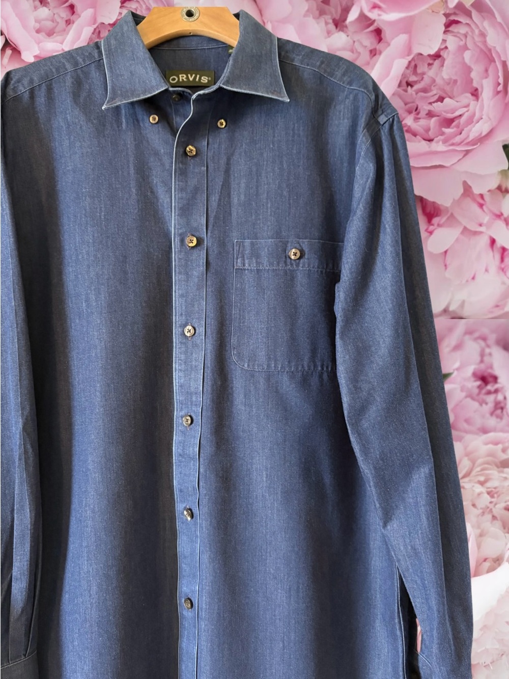 Orvis 100% Cotton Denim Button Up Collared Longsleeve Shirt Classic